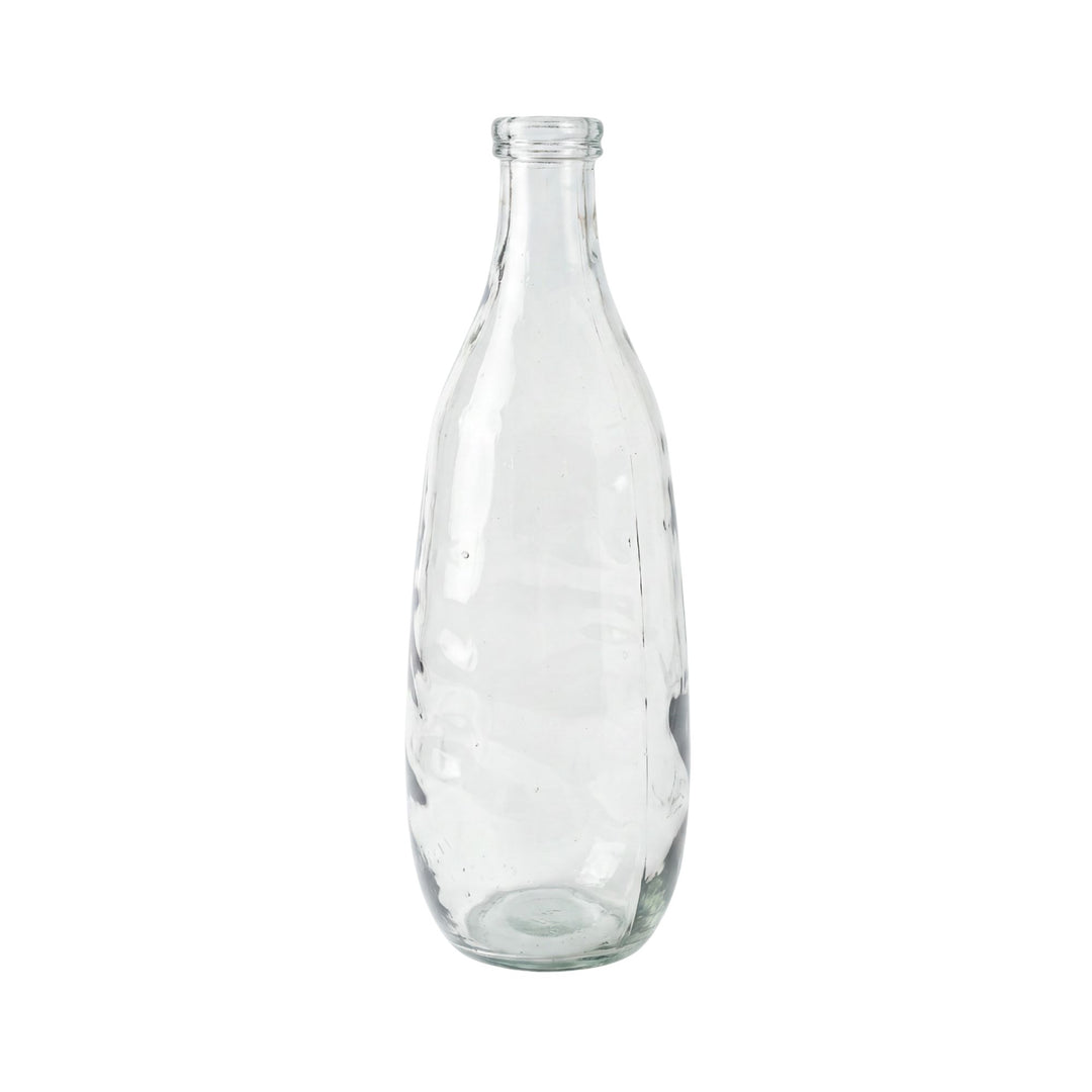 Front view of the Cristallo Clear glass vase with a tall transparent bottle-shaped silhouette