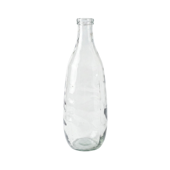 Front view of the Cristallo Clear glass vase with a tall transparent bottle-shaped silhouette