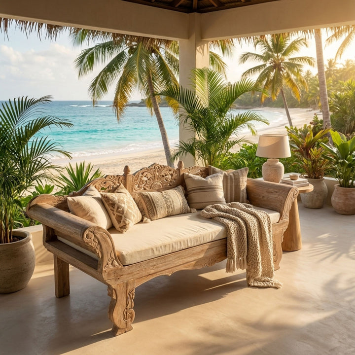 Styled outdoor terrace featuring the Cronus daybed with cushions, showcasing its classic carved design.