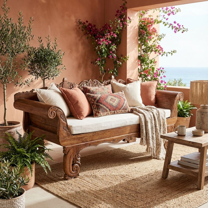 Styled terrace setting featuring the Cronus daybed with cushions, highlighting its artisanal design.