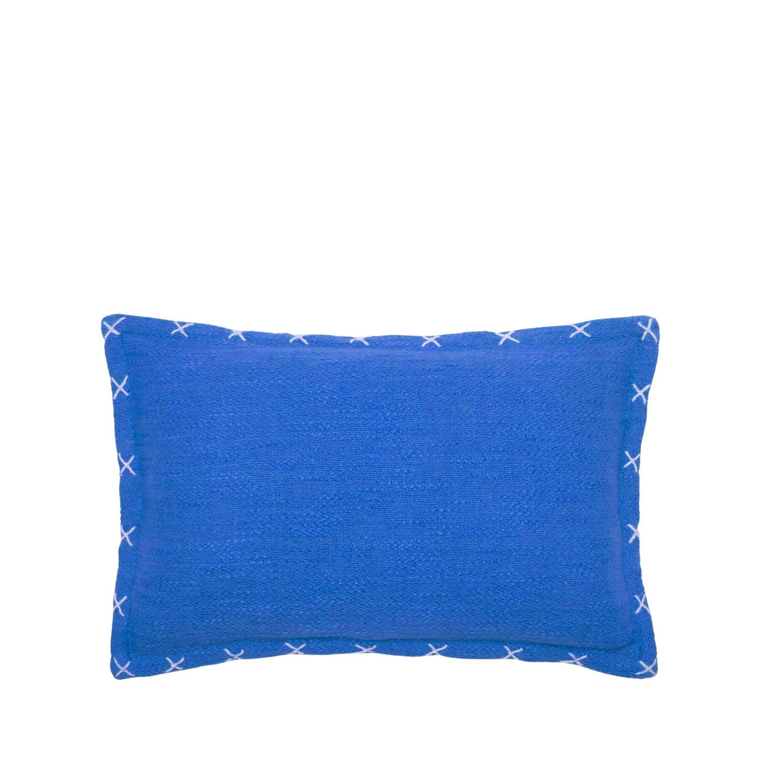 Back view of the cushion showing its plain blue fabric and contrast stitching.