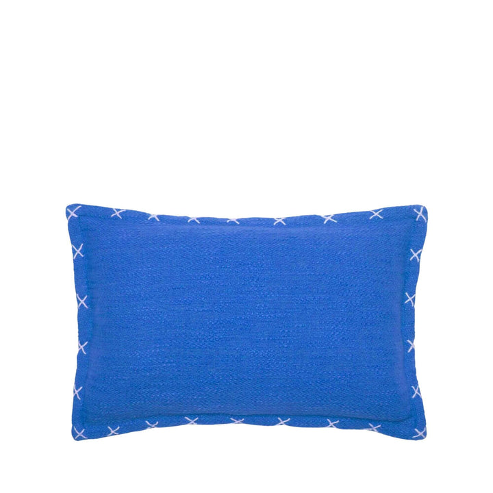 Back view of the cushion showing its plain blue fabric and contrast stitching.