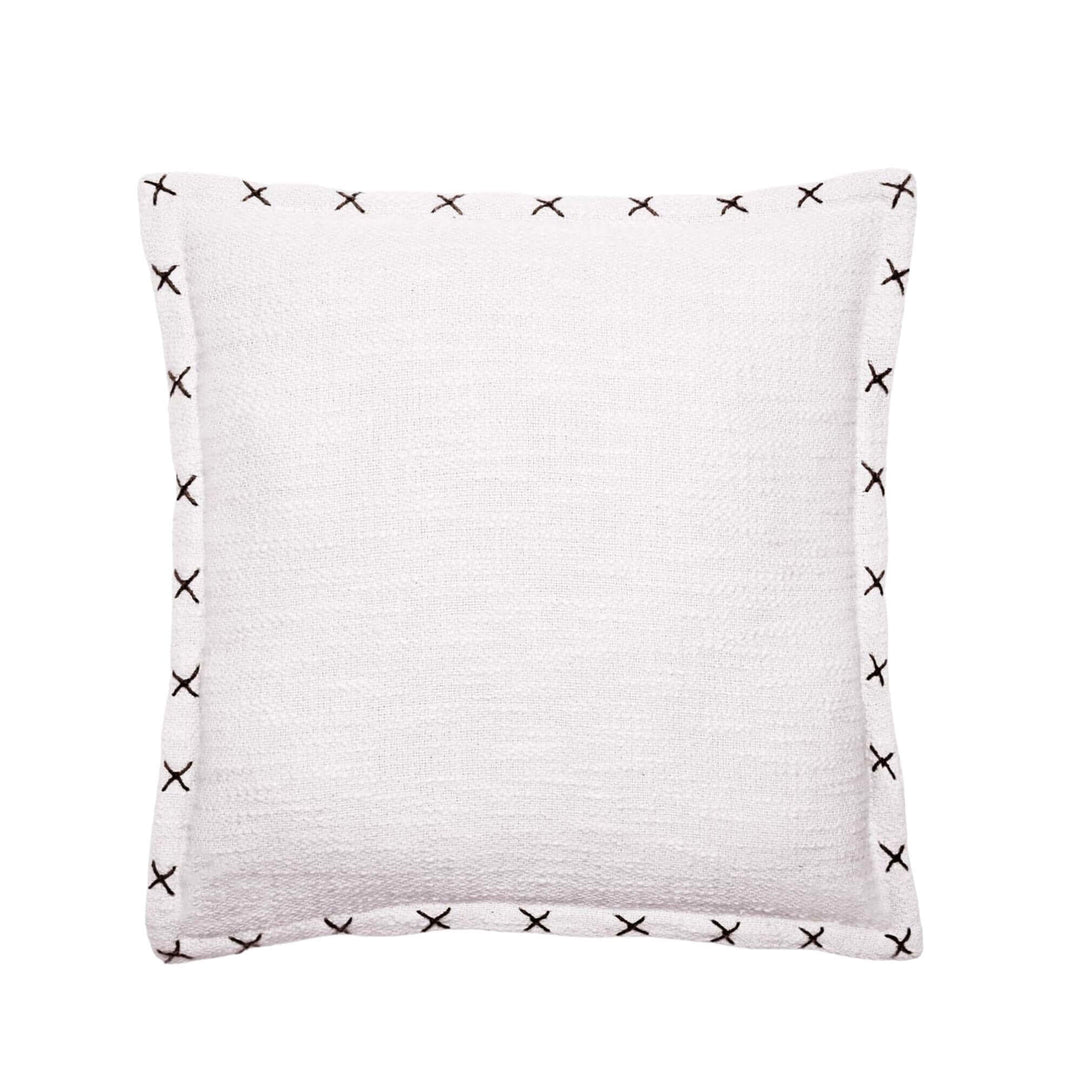 Front view of the Crosswave cushion showing its neutral washed cotton fabric and contrast stitched edge detail.