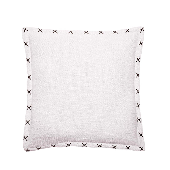 Front view of the Crosswave cushion showing its neutral washed cotton fabric and contrast stitched edge detail.