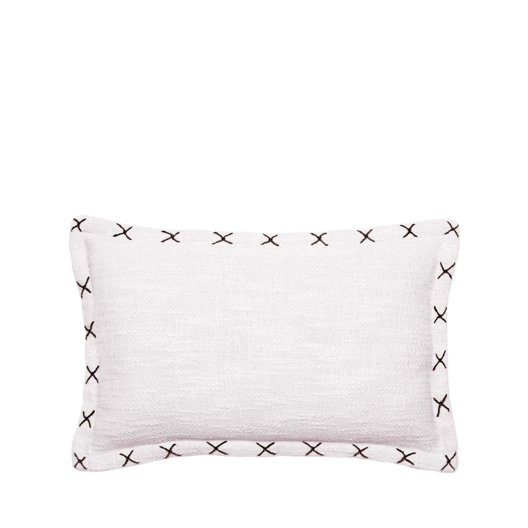 Front view of the rectangular Crosswave cushion showing its neutral fabric and stitched border detail.