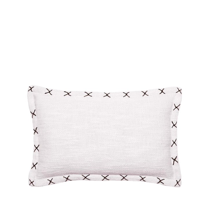 Front view of the rectangular Crosswave cushion showing its neutral fabric and stitched border detail.