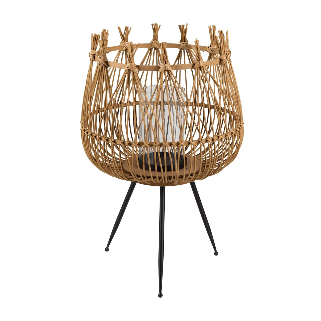 Crown Lantern made of natural bamboo with glass holder and black metal legs.