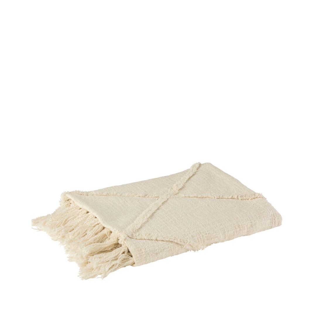 Folded Cuad plaid in ivory showing texture and fringed edges