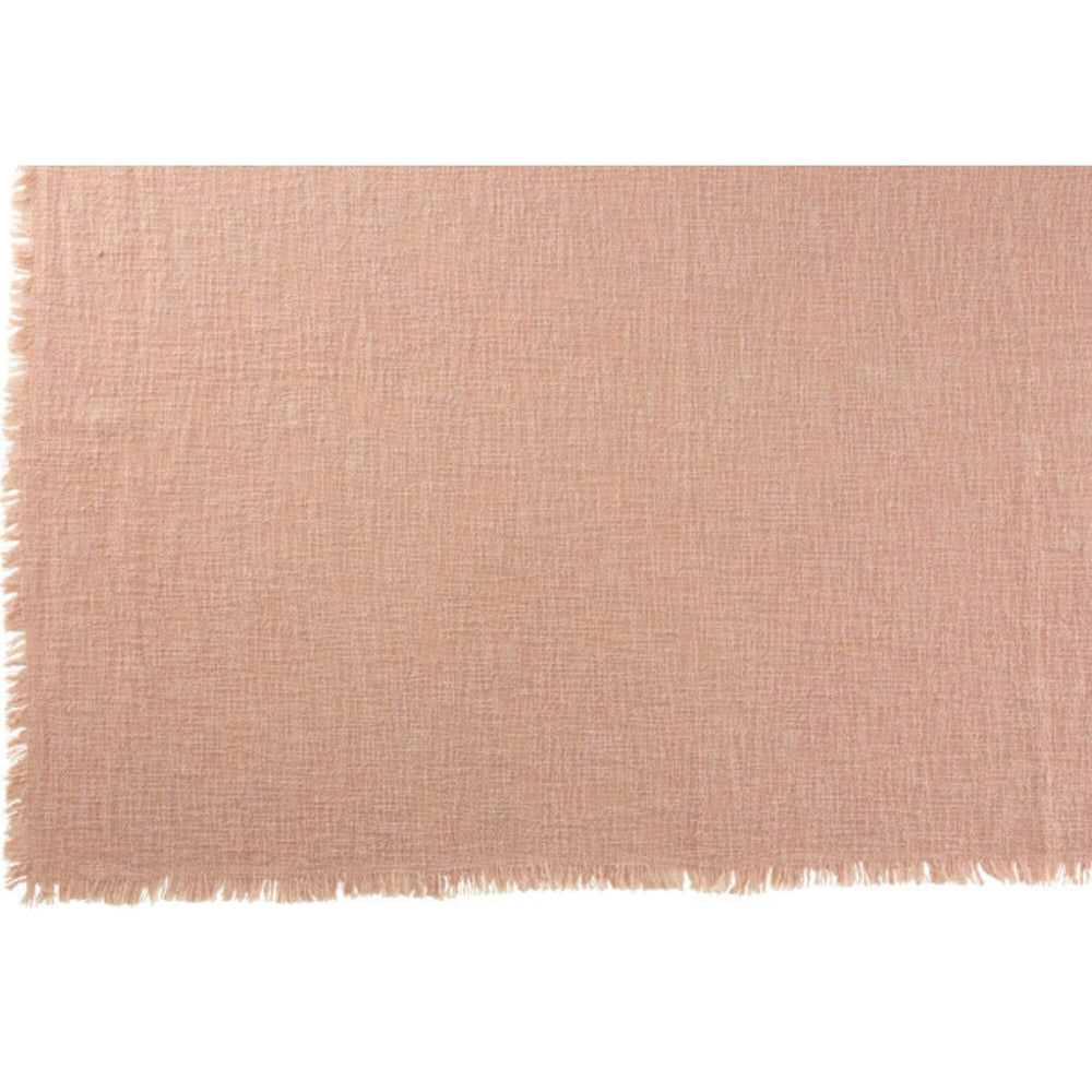 Close-up view of Cuad Rosa plaid fabric showing delicate fringe detail