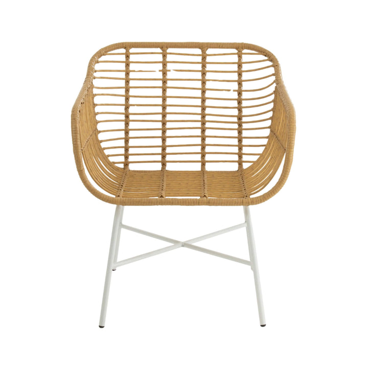 Front view of Cubagua lounge chair in natural synthetic rattan with white metal legs