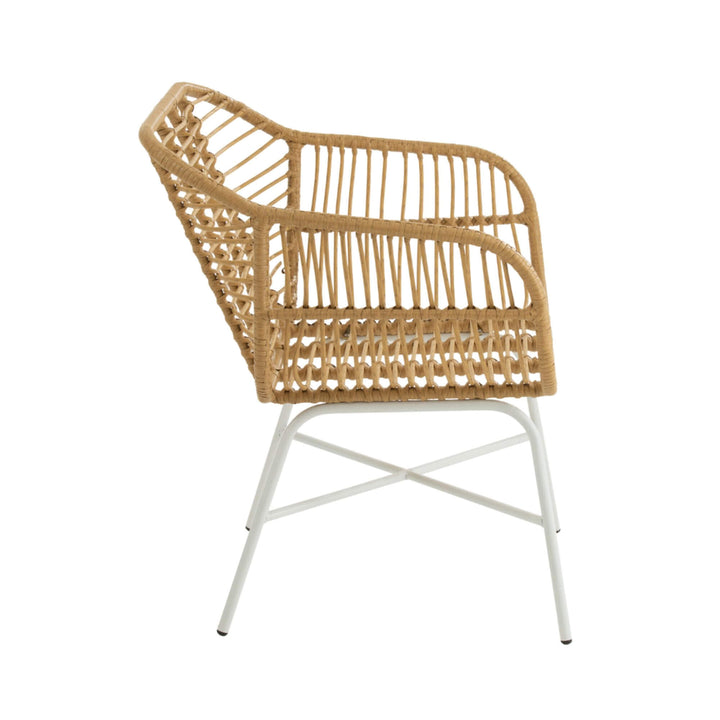 Side view showing woven rattan structure and curved armrests