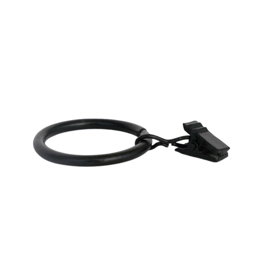 Black metal curtain ring with clip, shown on a neutral background.