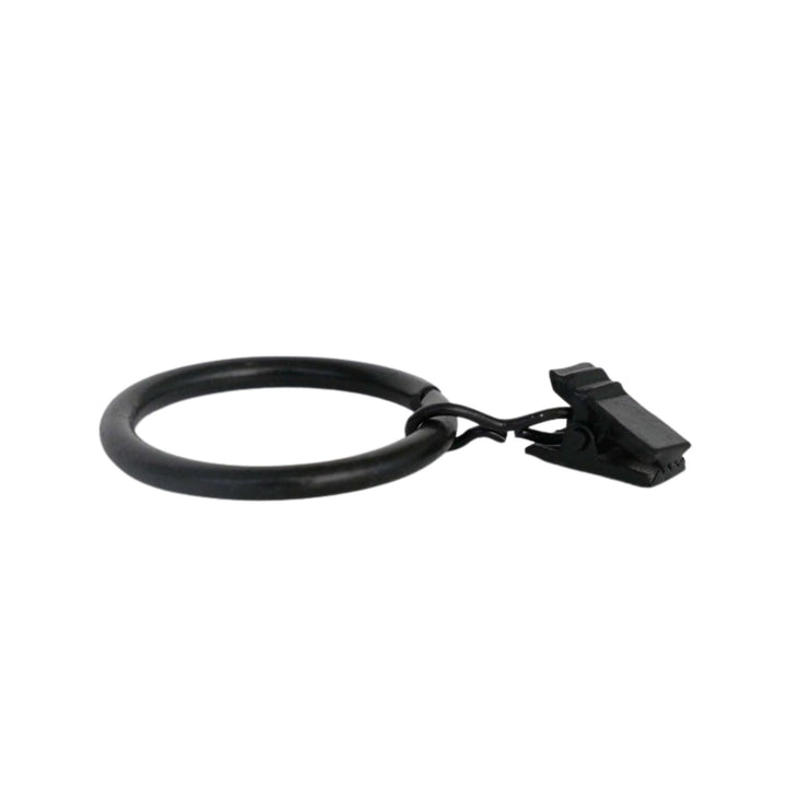 Black metal curtain ring with clip, shown on a neutral background.