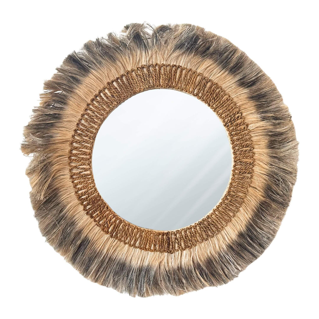 Large Cendana Mirror round design with natural fiber frame in earthy tones, handmade and available in two sizes.