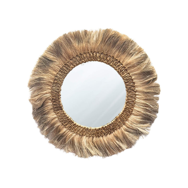 Small Cendana Mirror round design with natural fiber frame in earthy tones, handmade and available in two sizes.