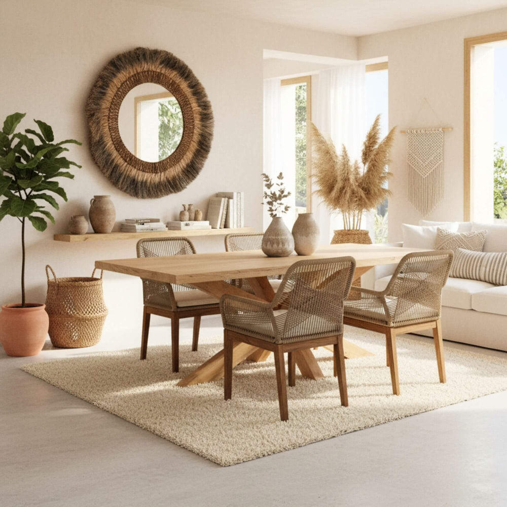 Dining room with Cendana mirror, wooden table, chairs, and decor elements.