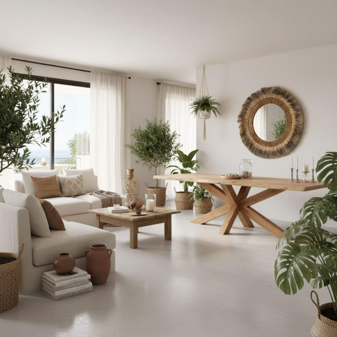 Modern living room with Cendana mirror, a wooden dining table and various plants.