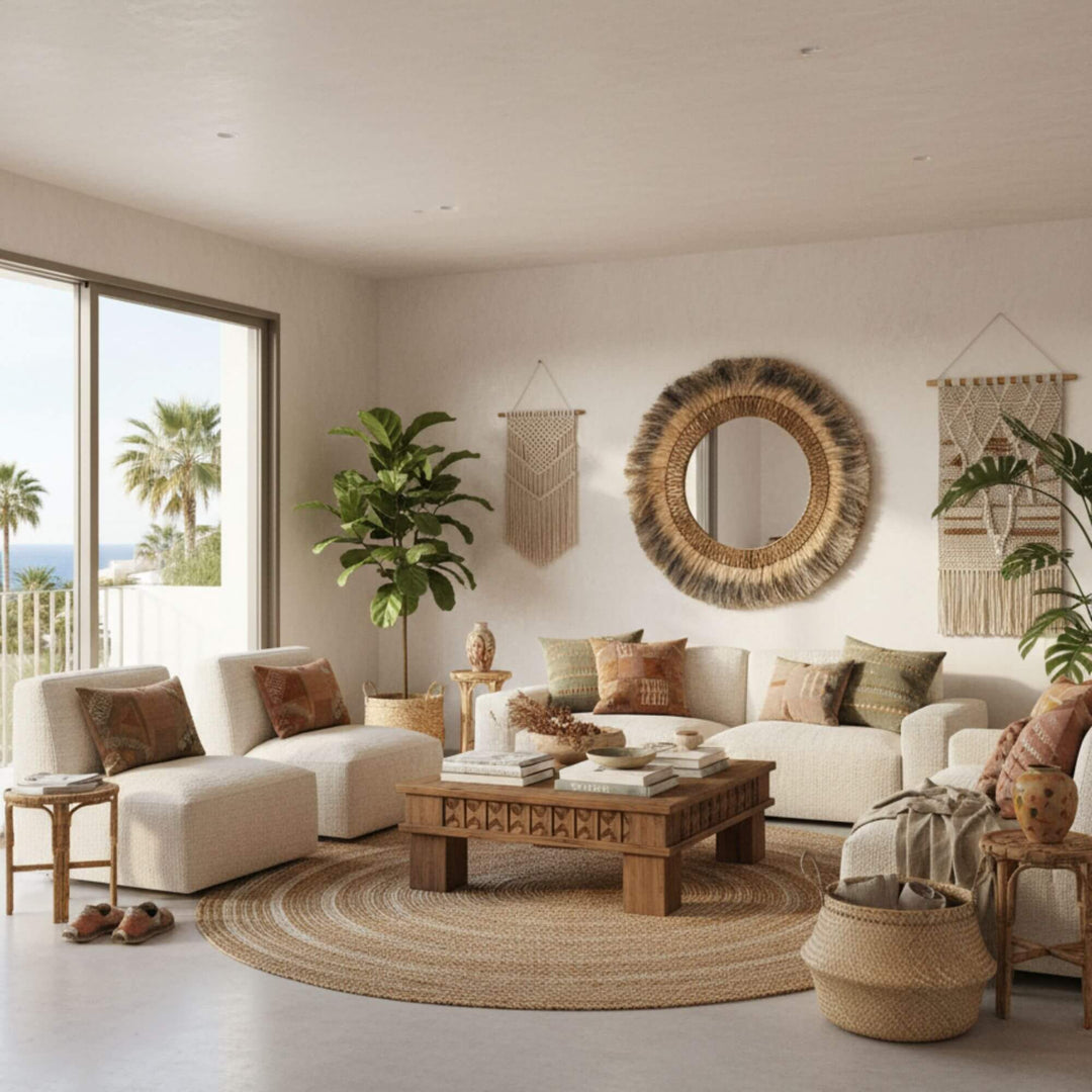 Cozy living room with Cendana mirror, beige sofa, wooden coffee table, and decorative elements.