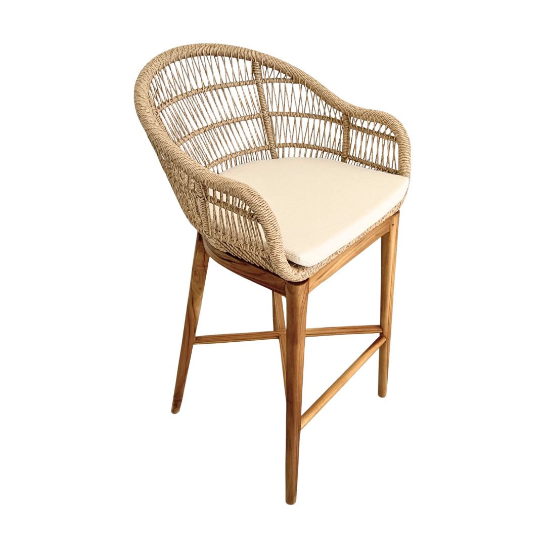 Coco Bar Stool in teak wood and synthetic rattan with cushion, bar height 112 cm