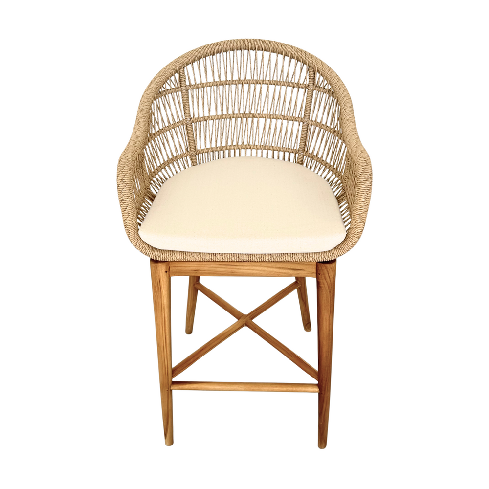 Coco Kitchen Stool in teak and synthetic rattan, 100 cm height with curved backrest