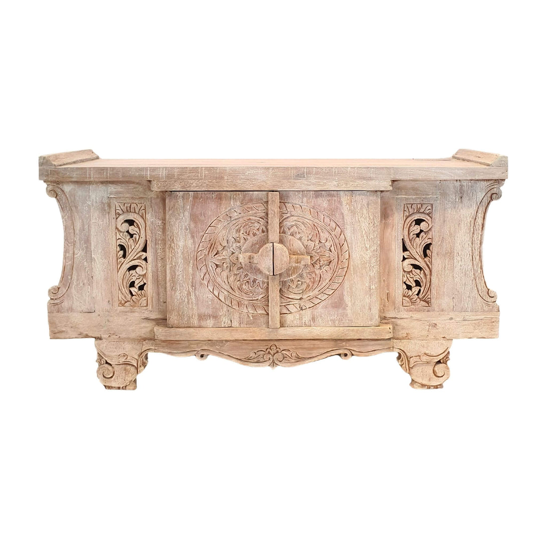 Cybele Carved Teak Wood Buffet front view with intricate detailing