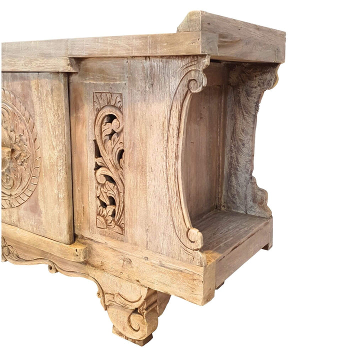 Side view of Cybele Carved Teak Wood Buffet showing carved details