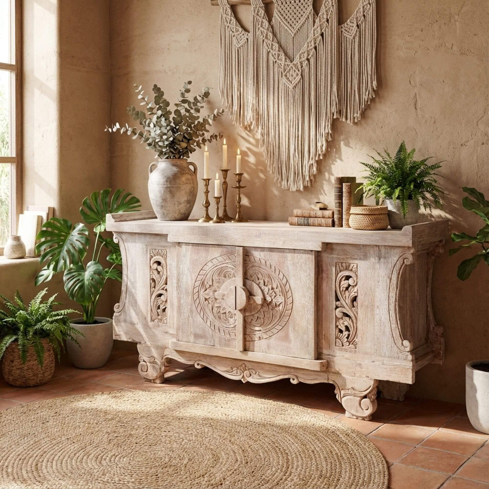 Styled living room with Cybele teak wood buffet