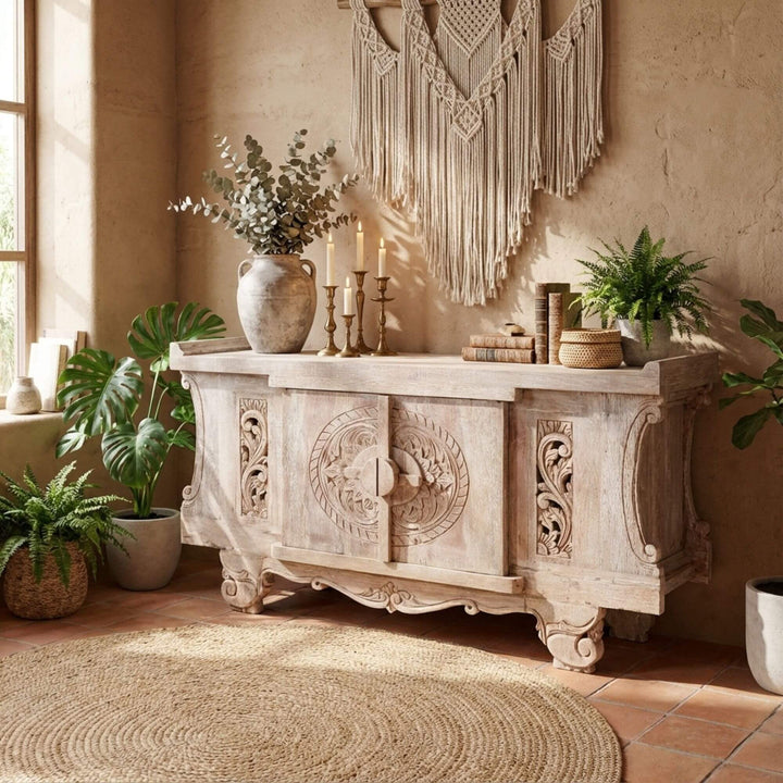 Styled living room with Cybele teak wood buffet