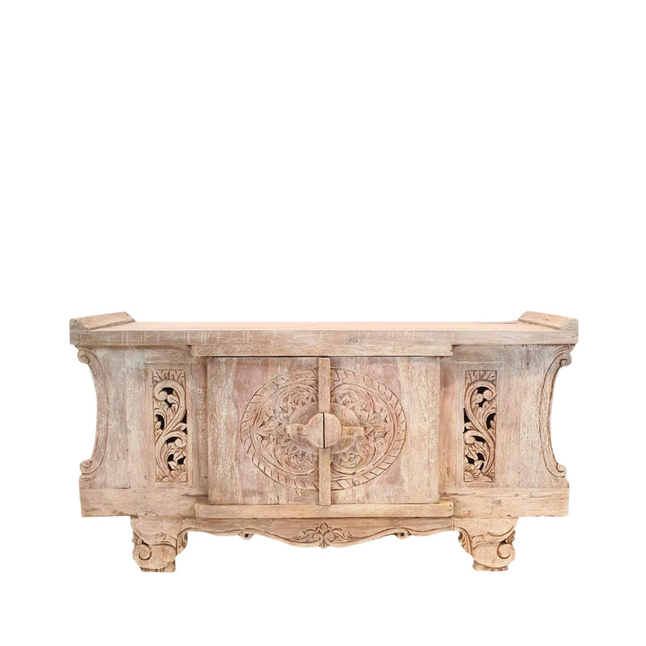 Cybele Carved Teak Wood Buffet with intricate carvings on a white background