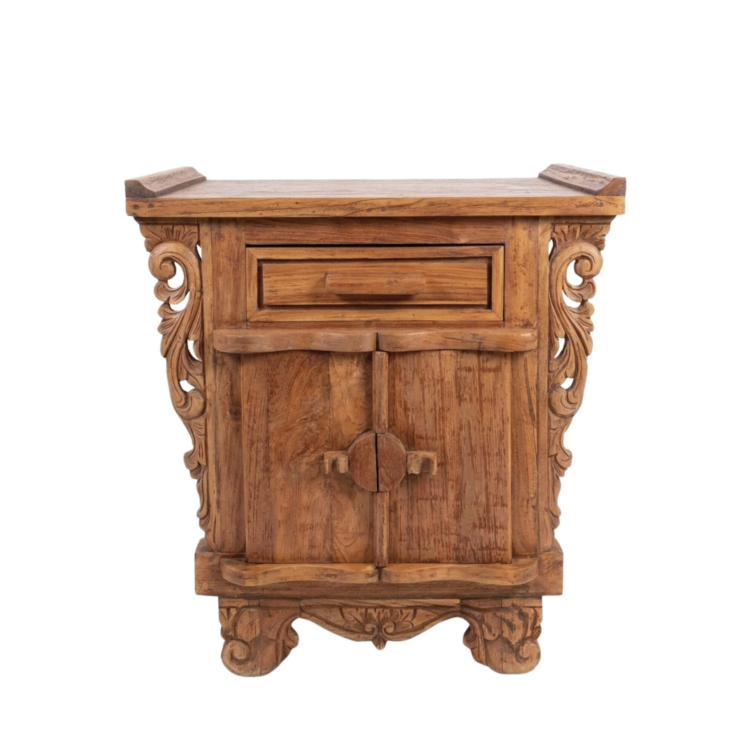 Front view of Daedalus Carved Teak Wood Buffet showcasing its compact form and carved side details.