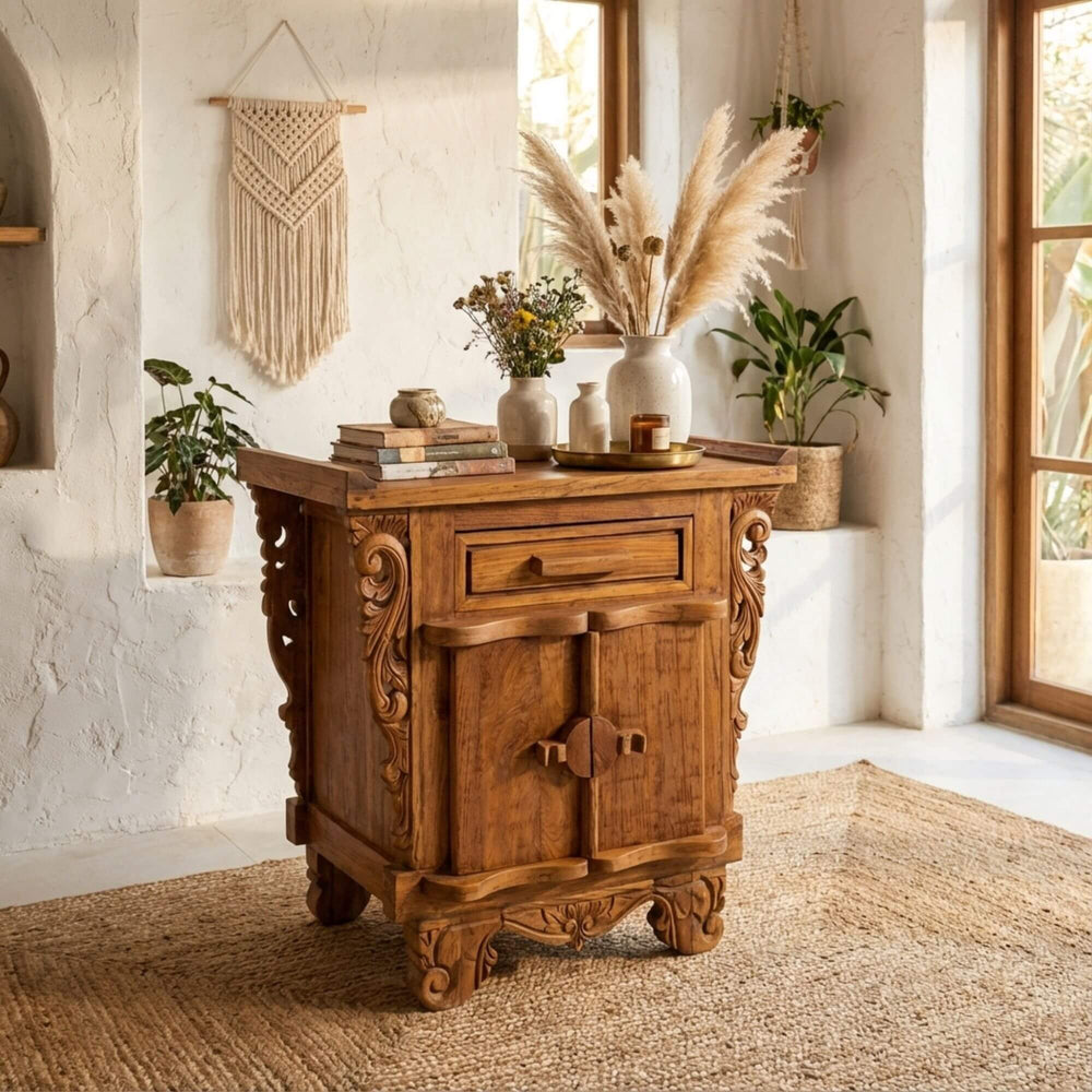 Styled interior scene featuring the Daedalus teak buffet used as an accent cabinet.