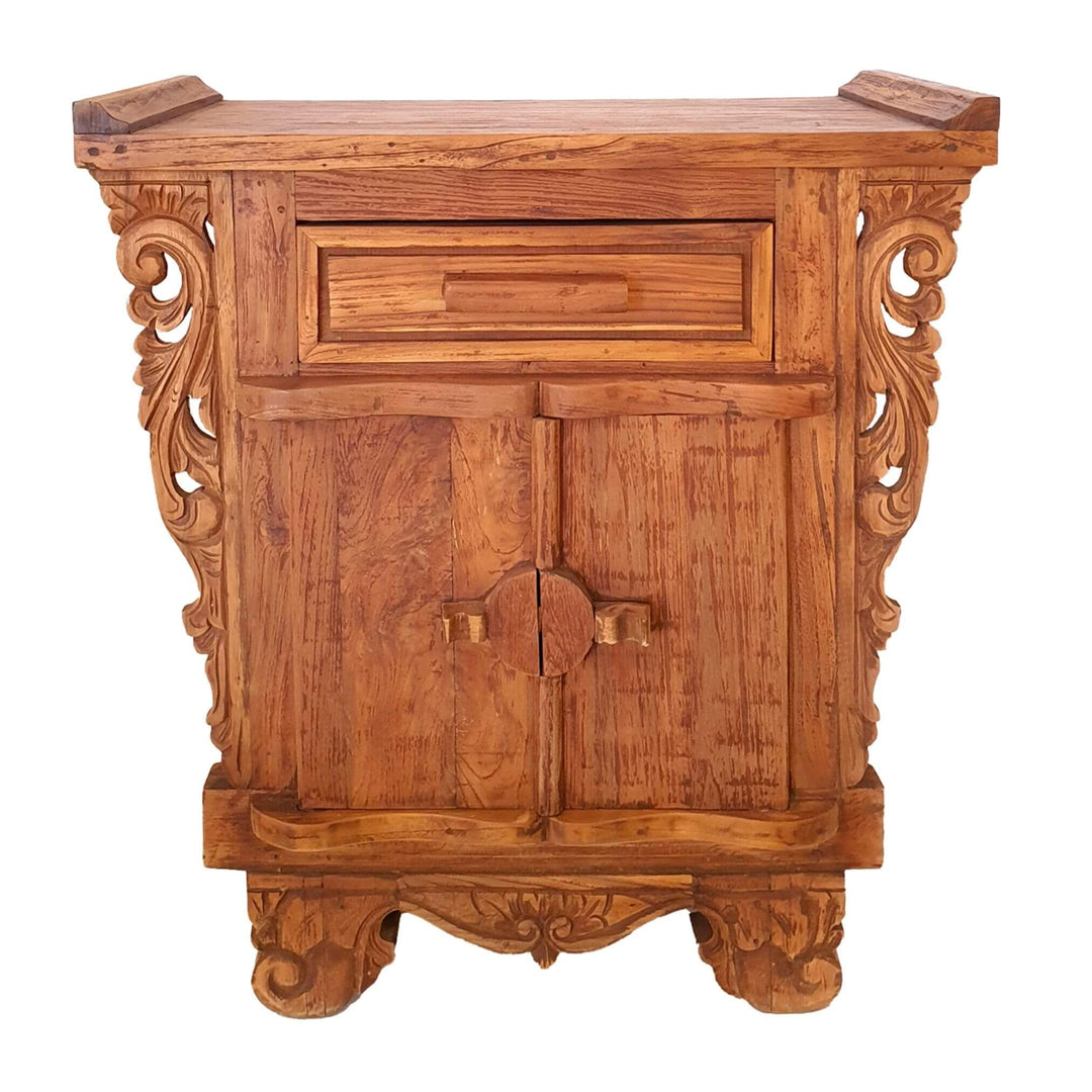 Daedalus carved teak wood buffet with intricate detailing and drawer