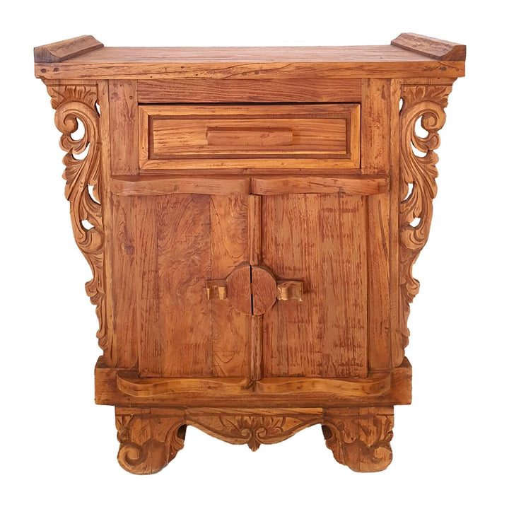Daedalus carved teak wood buffet with intricate detailing and drawer
