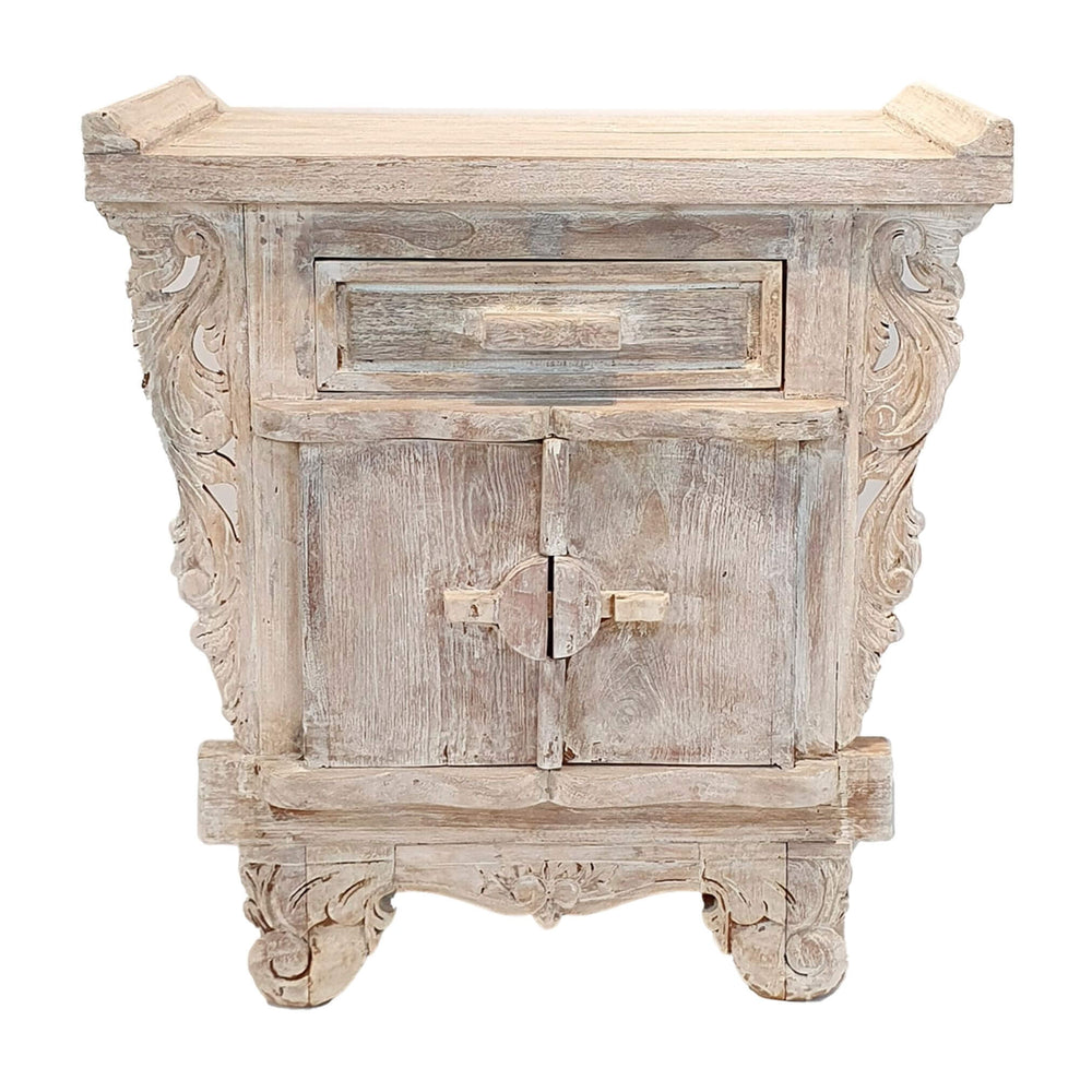Whitewashed Daedalus carved teak wood buffet with intricate detailing and drawer