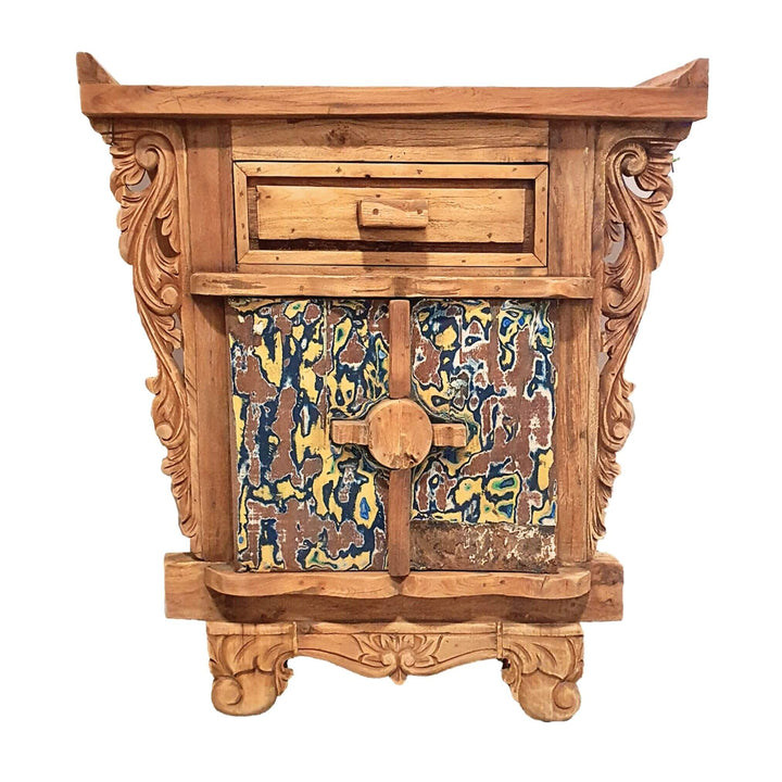 Painted Daedalus carved teak wood buffet with intricate detailing and drawer