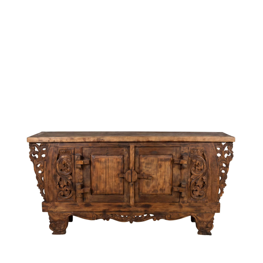 Front view of the Dalia carved teak wood buffet showing its decorative carved panels and reclaimed wood finish.