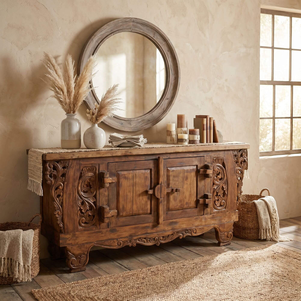 Styled interior setting featuring the Dalia buffet beneath a round mirror in a warm natural space.