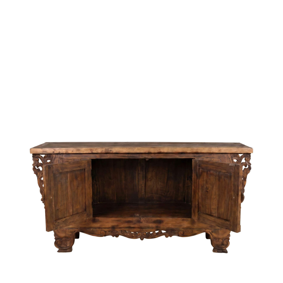 Front view of the buffet showing the open interior storage space behind the carved teak doors.