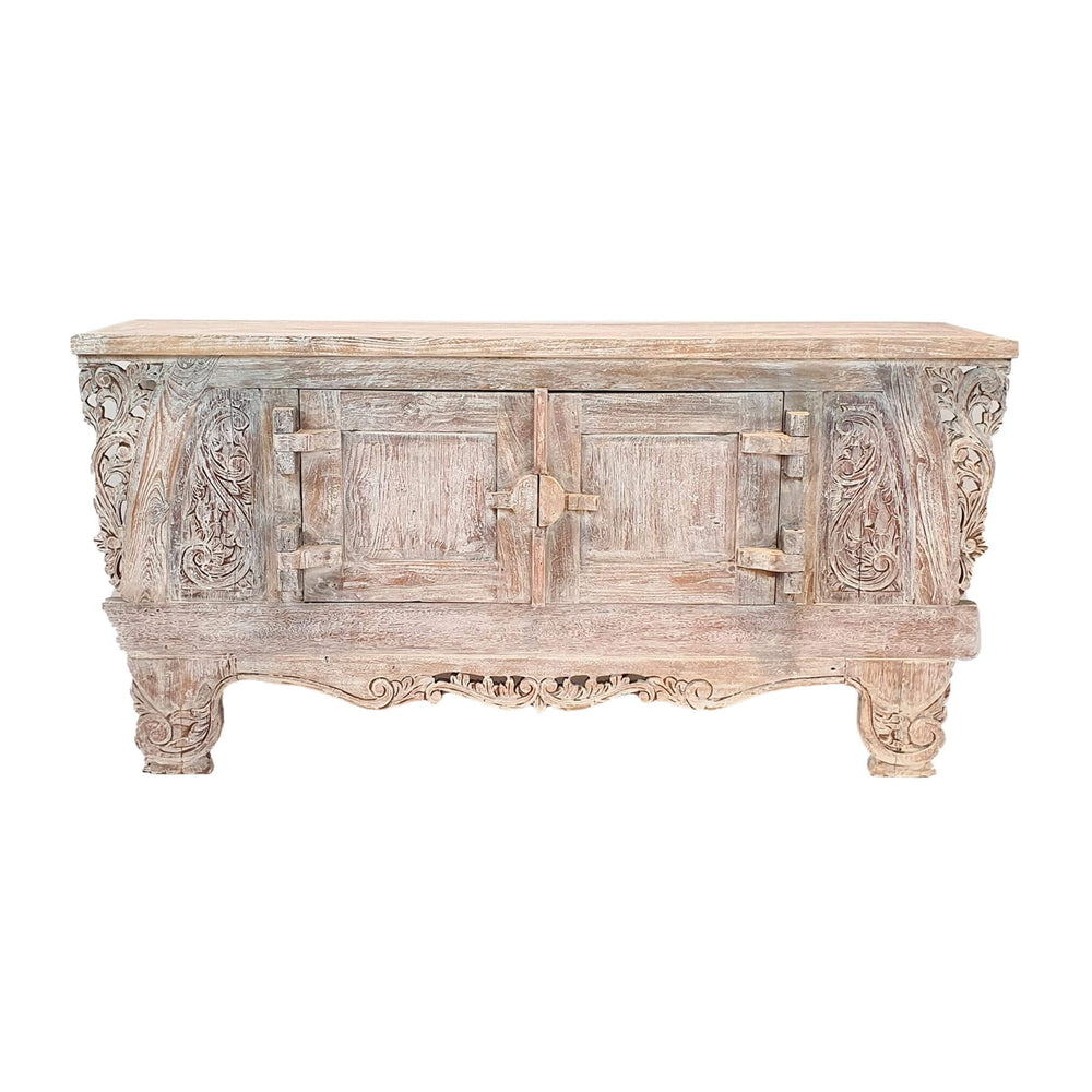 Dalia carved buffet in whitewashed recycled teak wood with ornate detailing