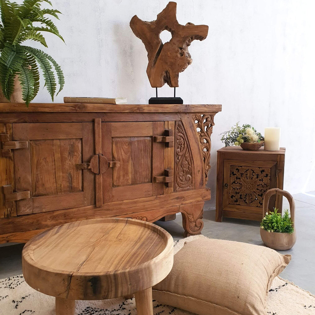 Natural teak carved buffet with spacious storage compartments