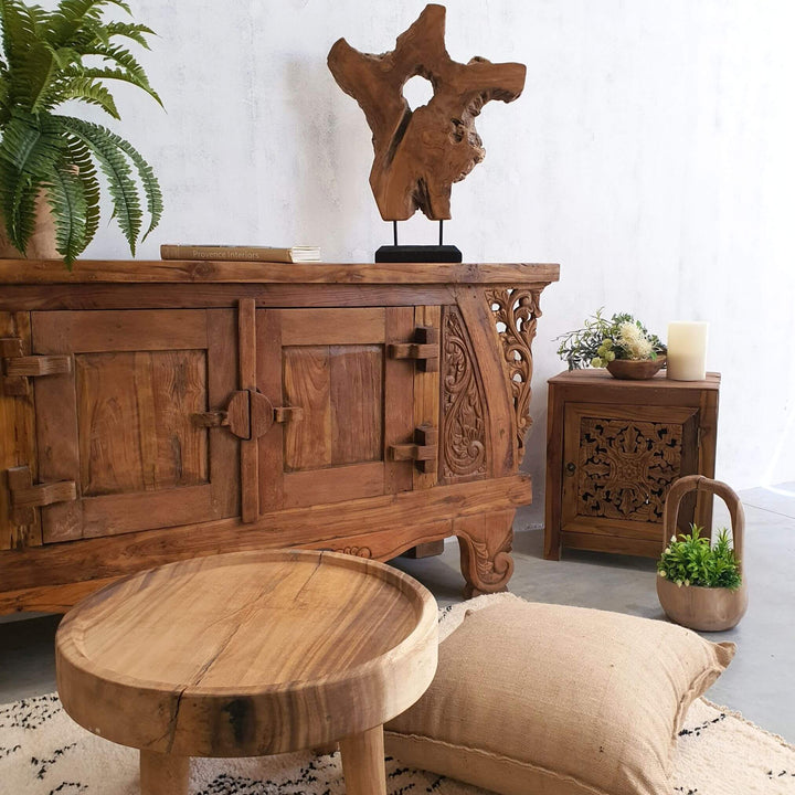 Natural teak carved buffet with spacious storage compartments