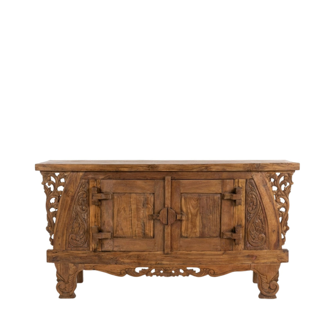 Dalia carved teak wood buffet with intricate carvings on a white background