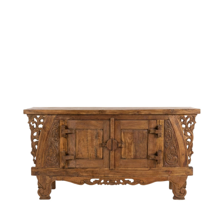 Dalia carved teak wood buffet with intricate carvings on a white background