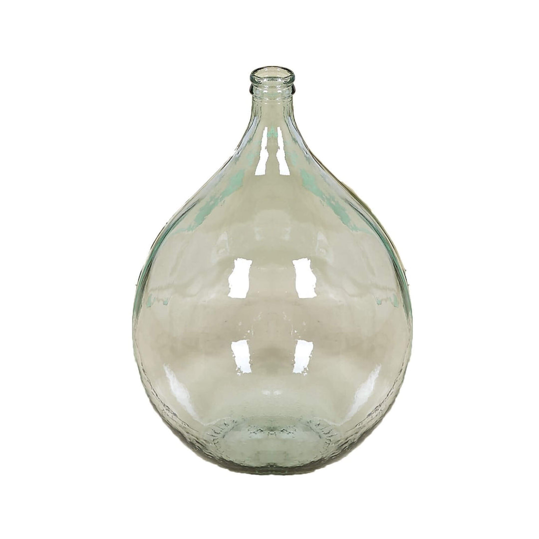 Front view of Dama Juana Campana 34L clear glass bottle with rounded shape