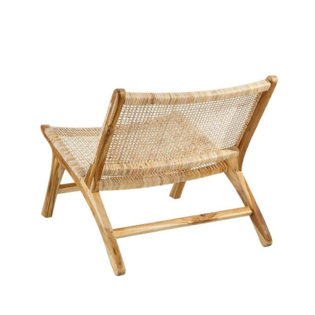 Back view of Dane lounge chair with handwoven rattan and teak structure