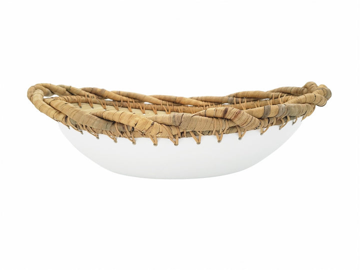Natural bamboo bowl with woven rim detail, ideal as a decorative centerpiece.