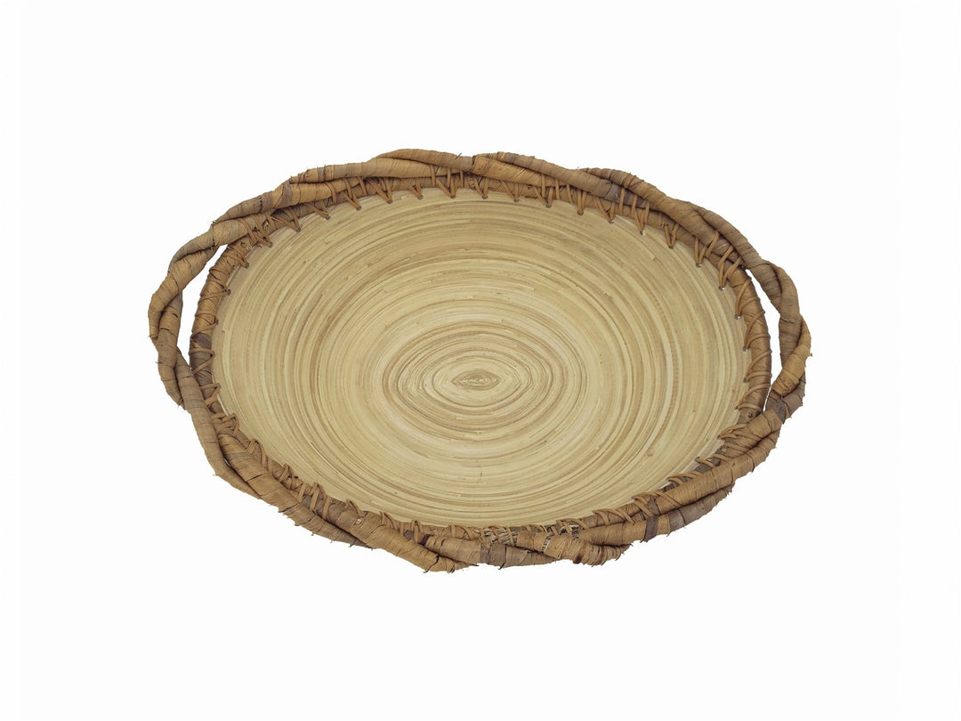 Natural bamboo bowl with woven rim detail, ideal as a decorative centerpiece.