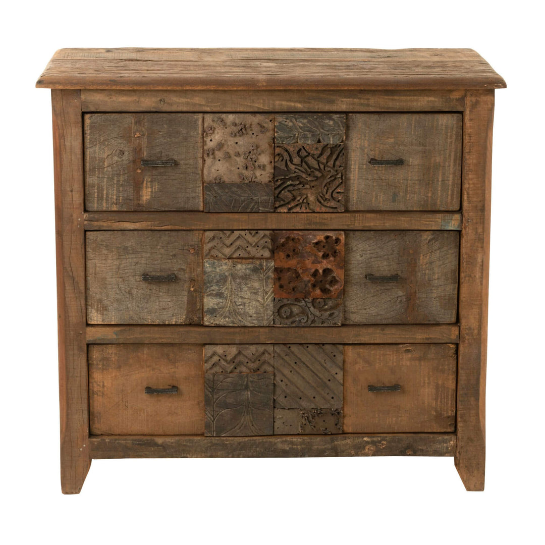 Front view of Dark Boho Drawer in reclaimed Sheesham wood with multicolor fronts