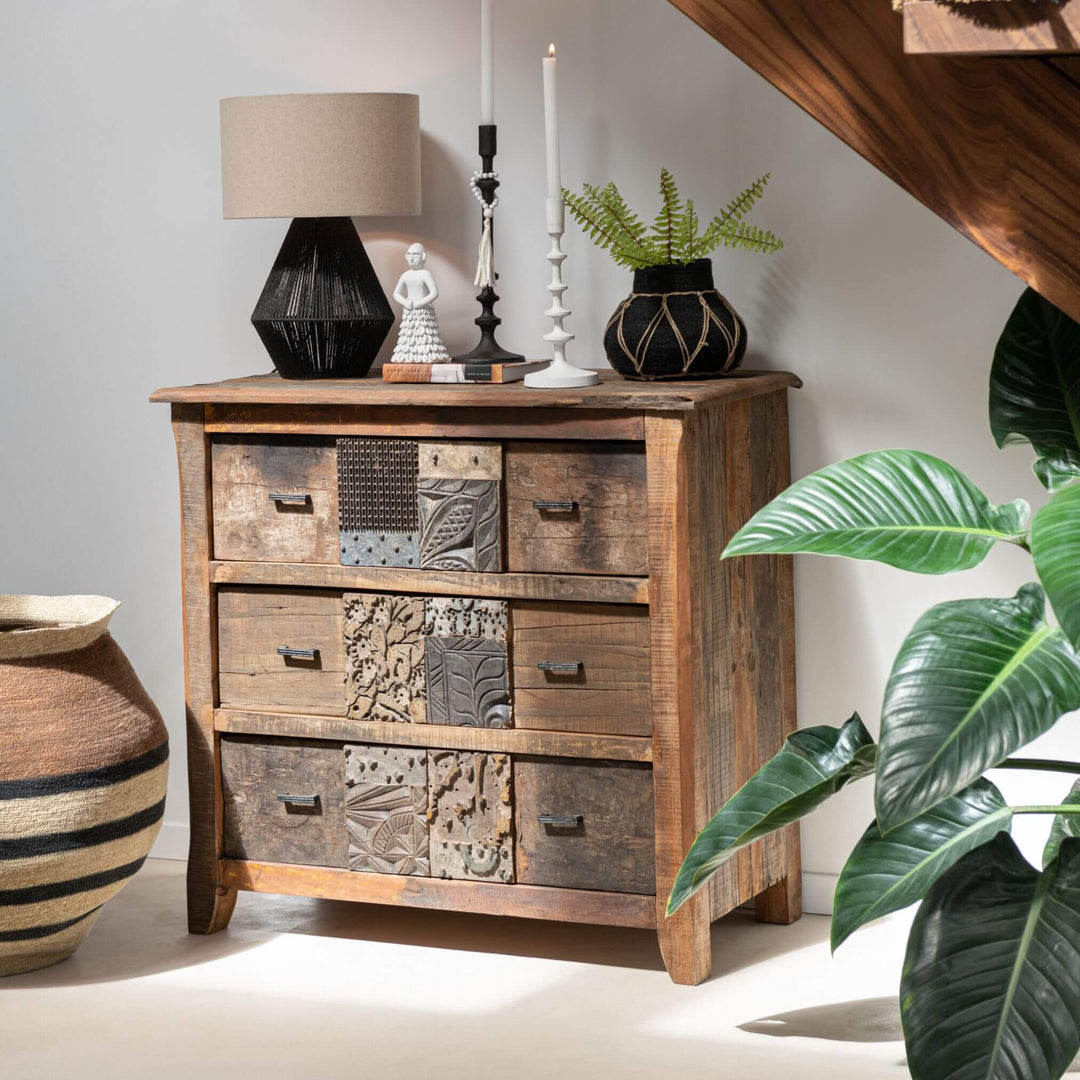 Living Room with Dark Boho Drawer in reclaimed Sheesham wood with multicolor fronts