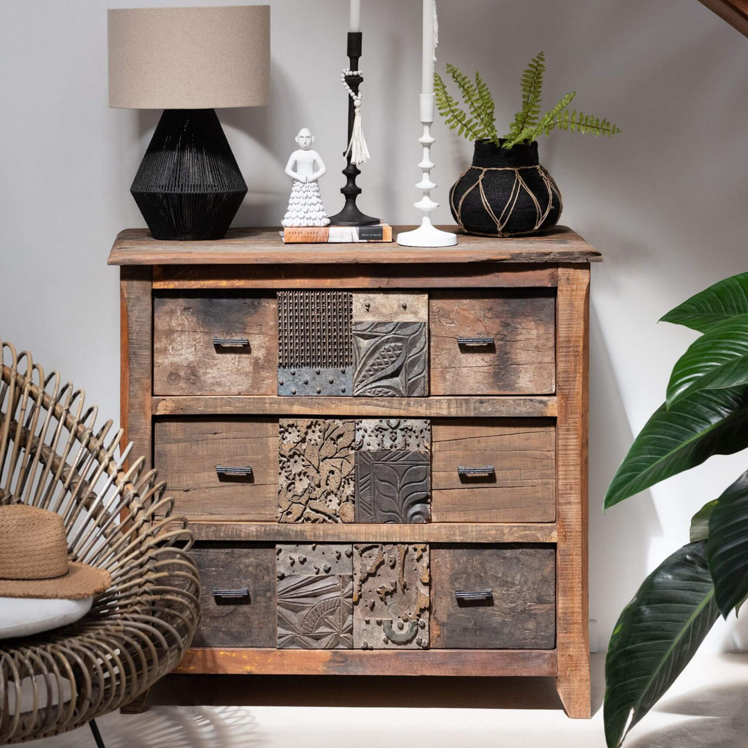 Living Room with Dark Boho Drawer in reclaimed Sheesham wood with multicolor fronts